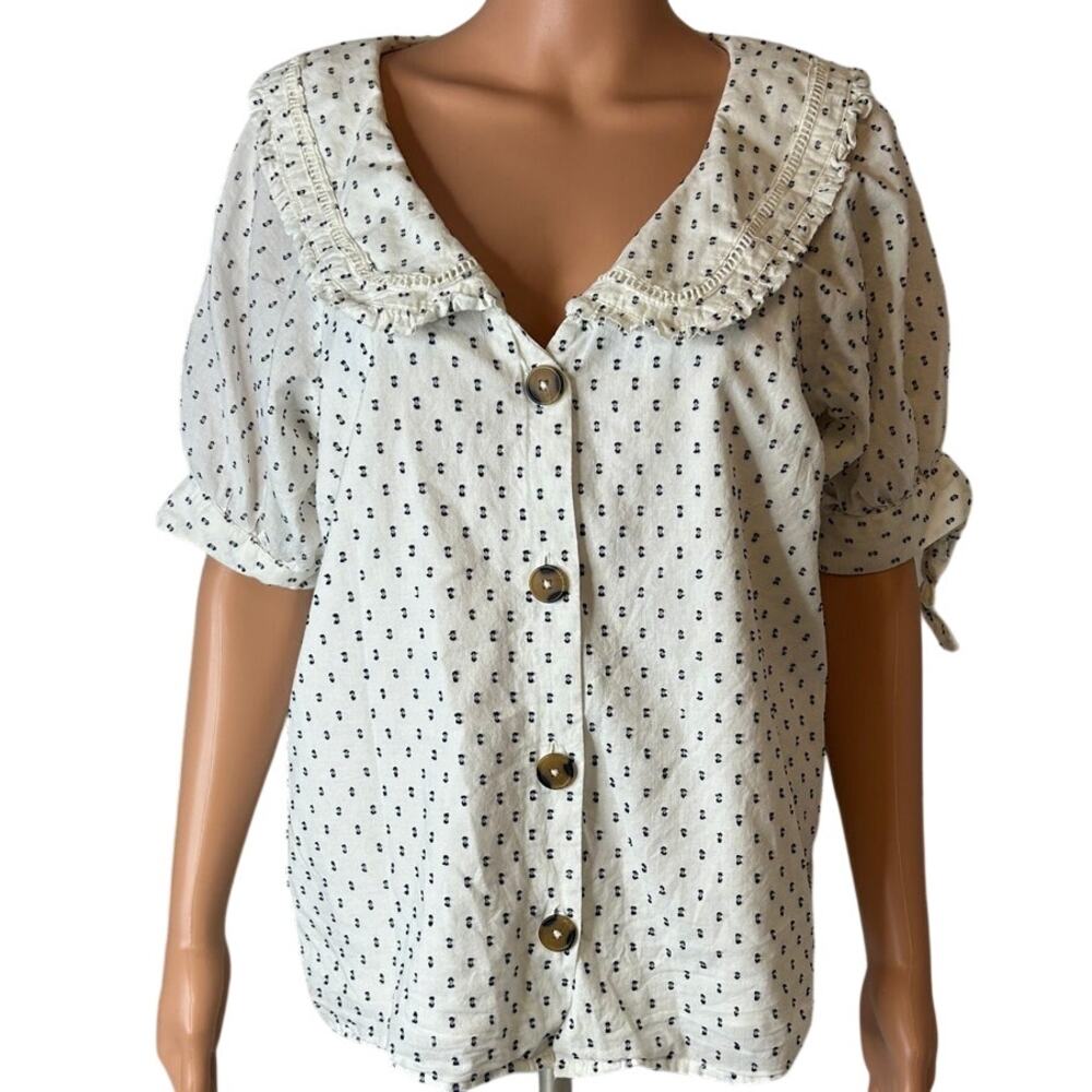 LC Loren Conrad women's short sleeve button down blouse ruffle Peter Pan collar